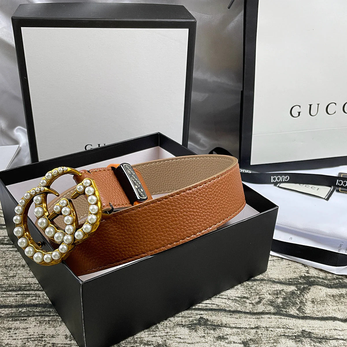 2025 4 Colors  Double G Pearl Litchi Pattern Double Sided Belt