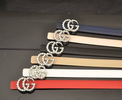 2025 6 Colors fashion double C pearl rhinestone belt