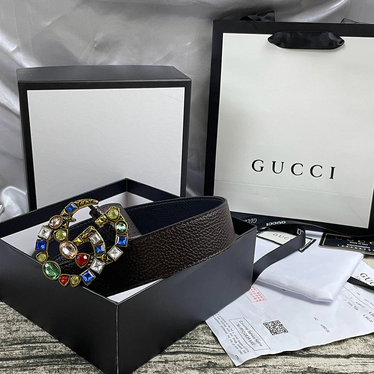 2025 4 Colors  double G seven-color rhinestone double-sided lychee pattern belt