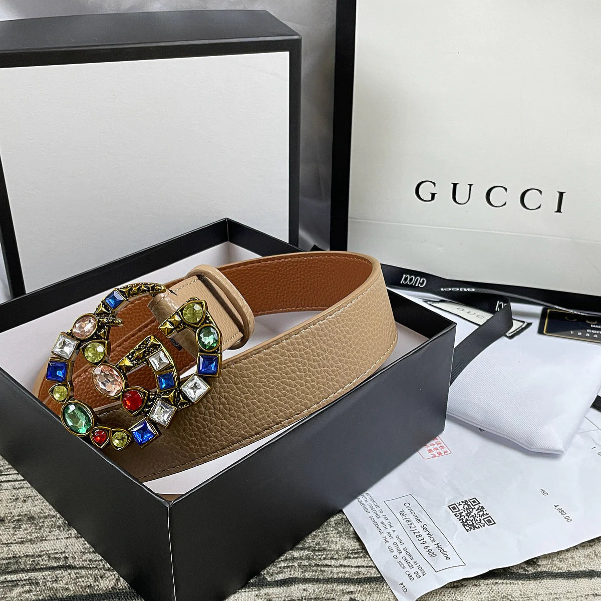 2025 4 Colors  double G seven-color rhinestone double-sided lychee pattern belt