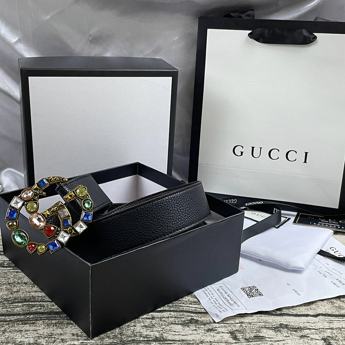 2025 4 Colors  double G seven-color rhinestone double-sided lychee pattern belt