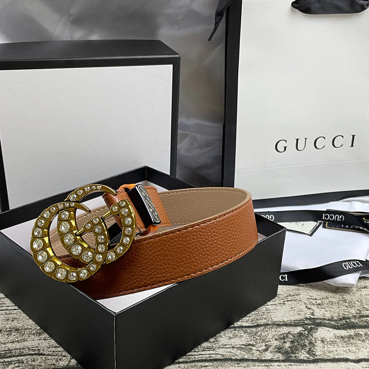 2025 4 Colors  double-G rhinestone double-sided lychee pattern belt