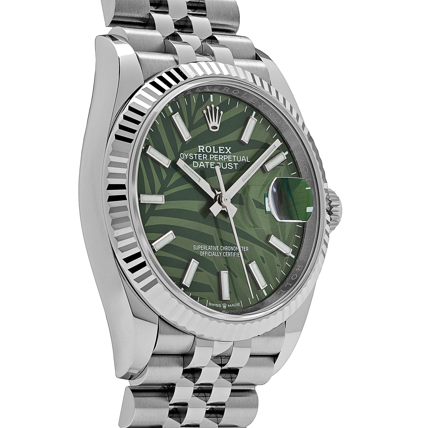 2025 Watch Datejust 126234 White Gold Stainless Steel Olive Green Palm Motif Dial