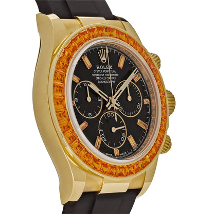 2025 Watch Daytona 116588SACO Yellow Gold Orange Sapphire Bezel Black Diamond Dial